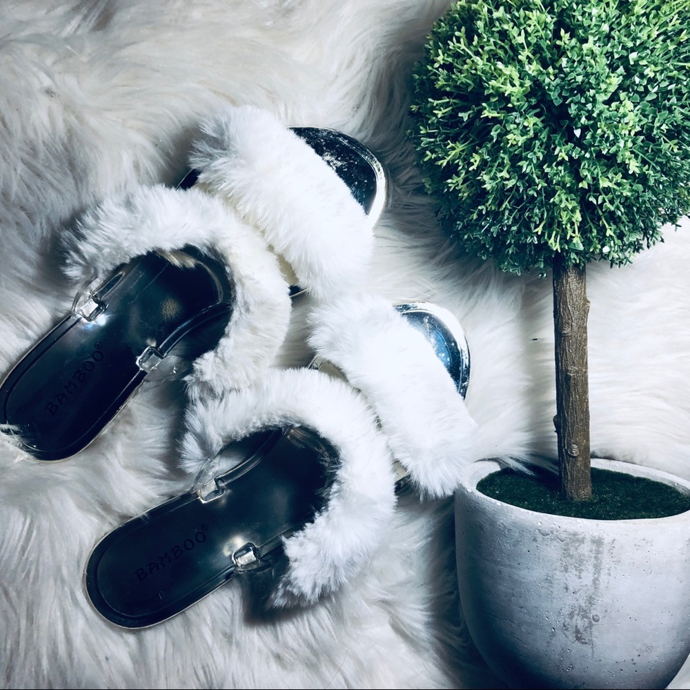 White Fuzzy Faux Fur Two Strap Slides Slippers - image 2